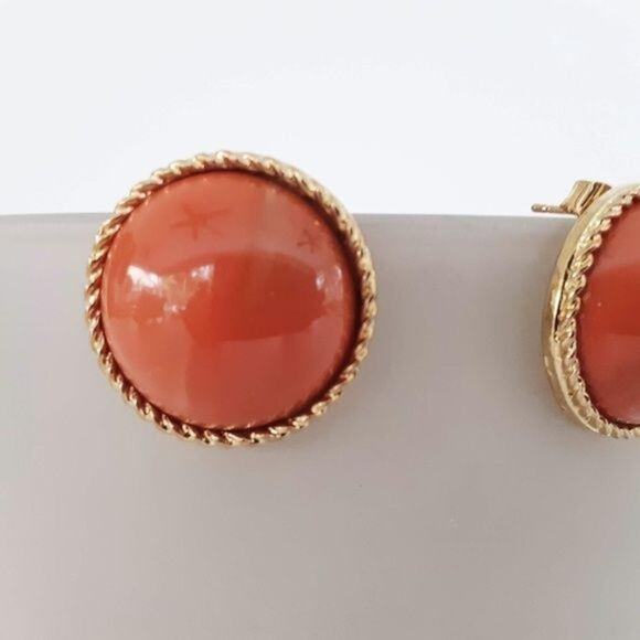 Earrings Button Stud Gold Tone Orange Vintage Look New in Package Clean smoke fr - Picture 7 of 8